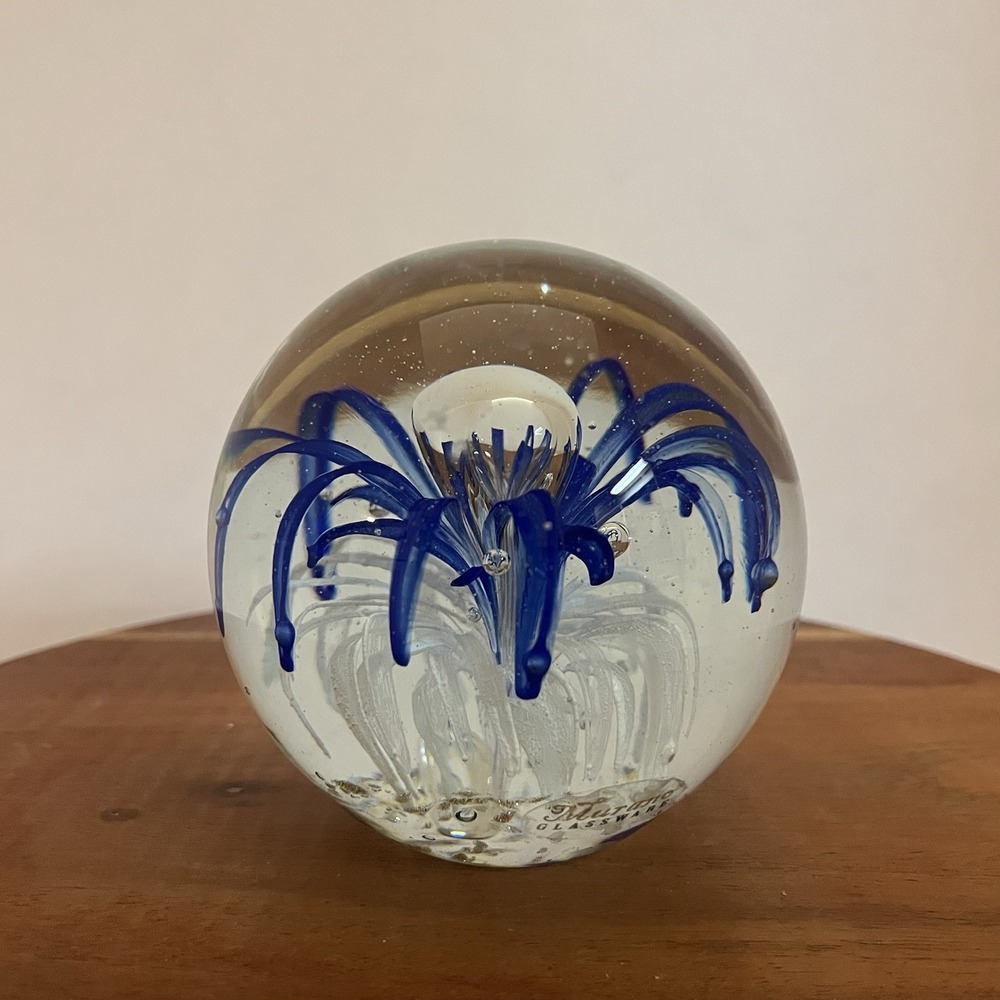 Vintage Murano Style Art Glass 3 in Paperweight Blue White Floral 1 lb 10 oz